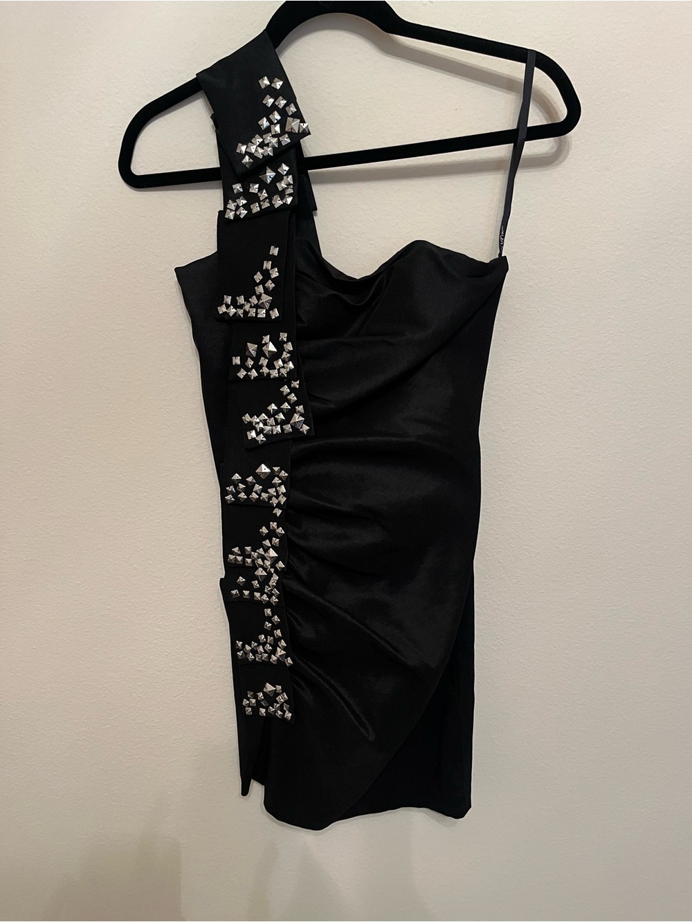 Jessica McClintock Black One-Shoulder Cocktail Dress with Stud Embellishment